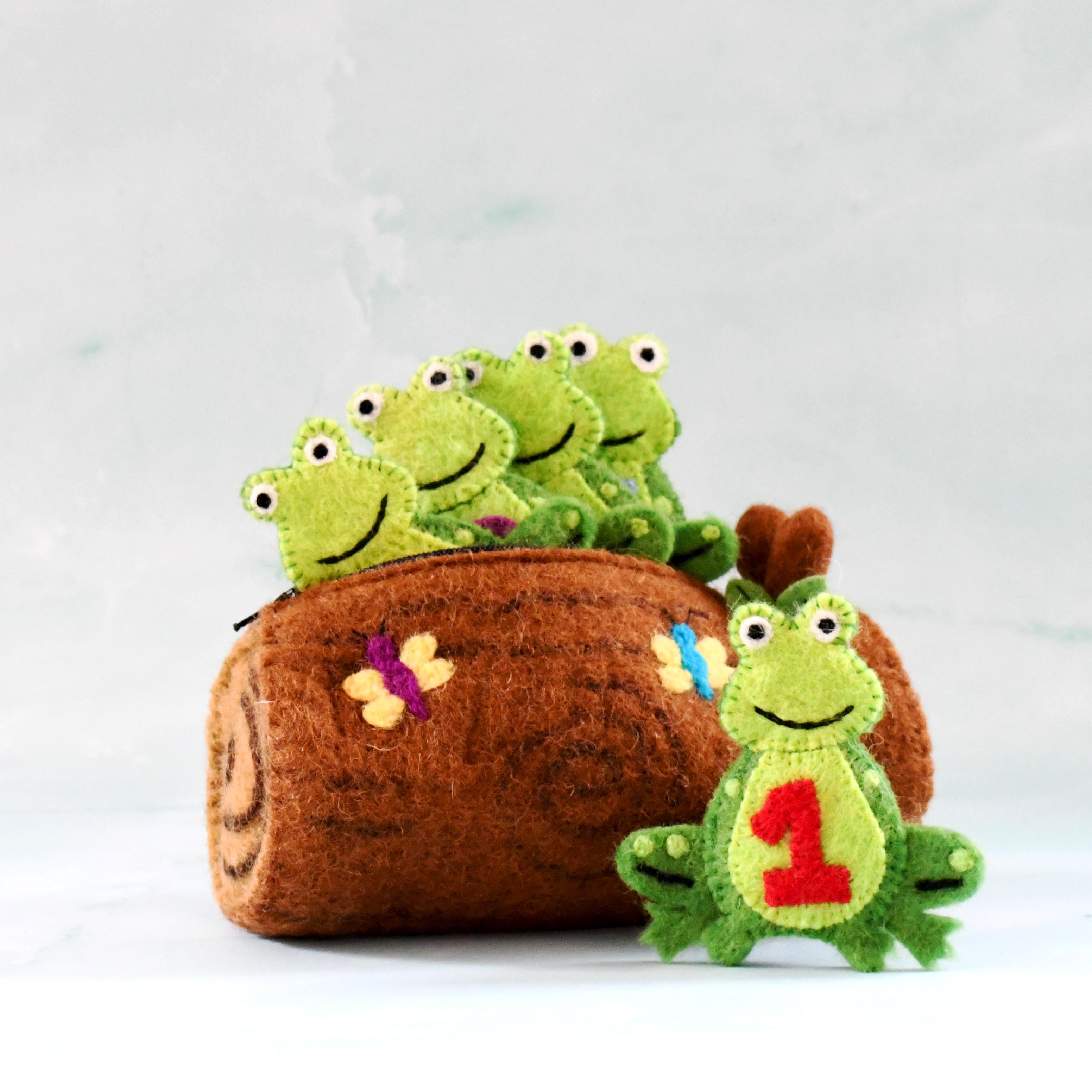 5 Little Speckled Frogs with Log Bag, Finger Puppet Set - Tara Treasures