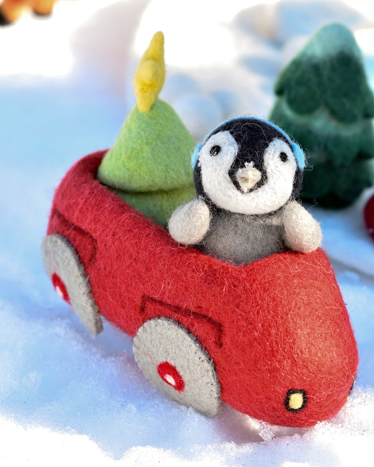 Felt Penguin in Toy Car and Christmas Tree