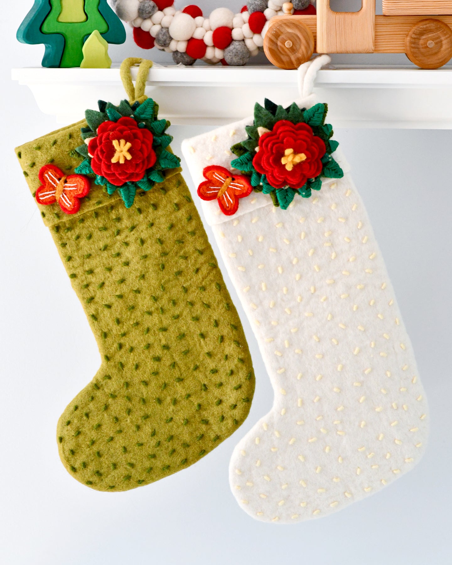 Felt Christmas Stocking - White with Flower