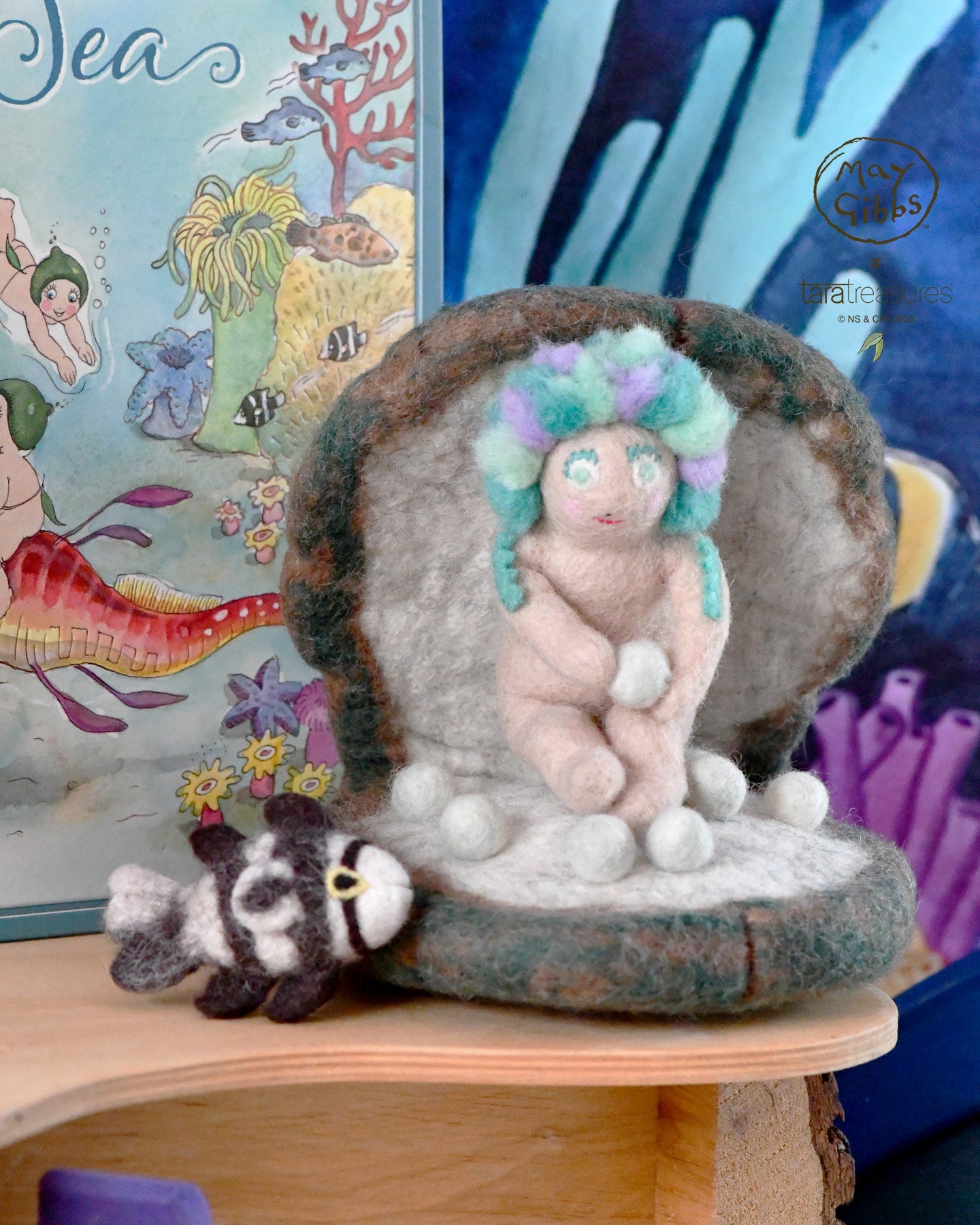 May Gibbs x Tara Treasures  - Little Obelia, Clam Shell and Fish Toy