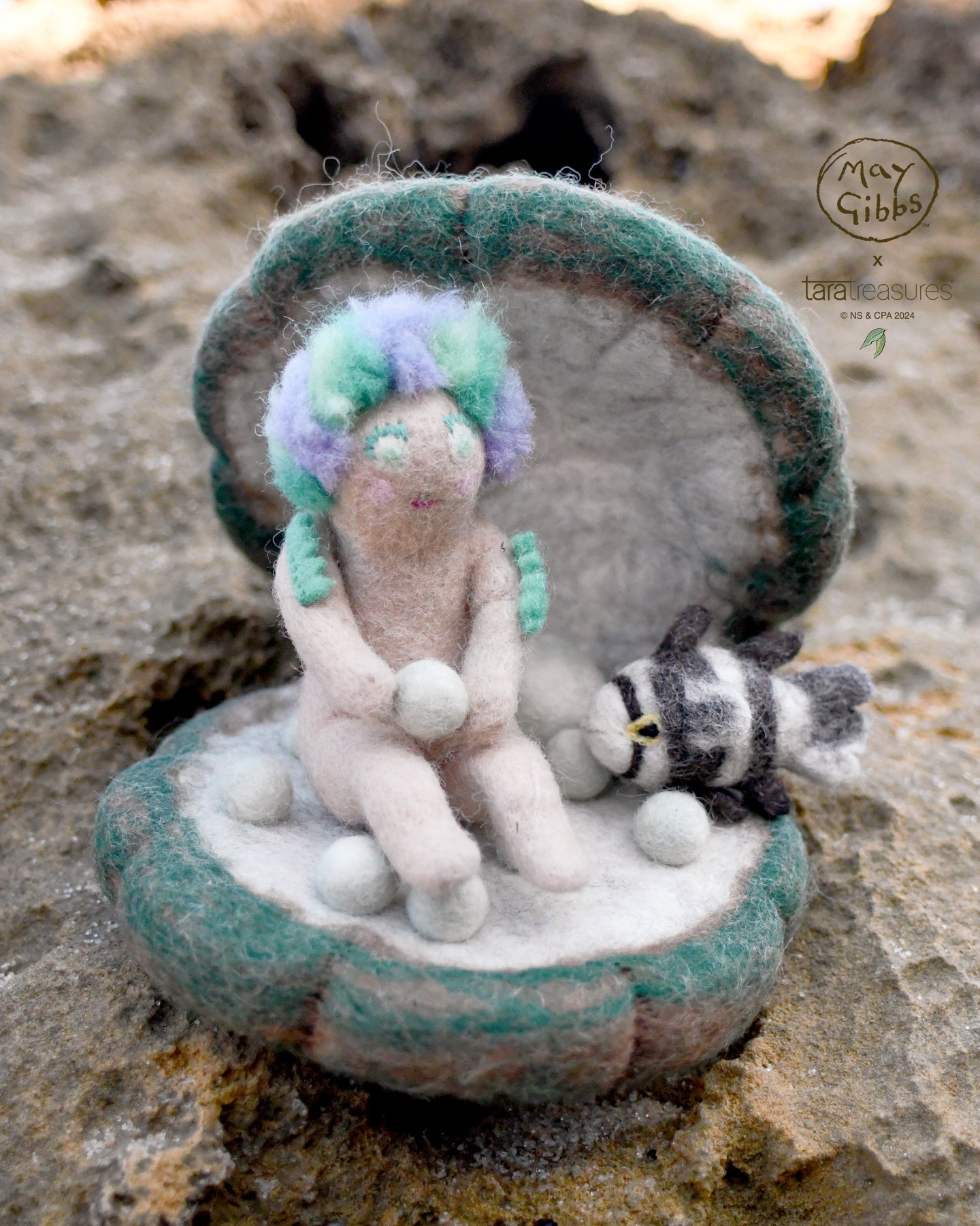 May Gibbs x Tara Treasures  - Little Obelia, Clam Shell and Fish Toy