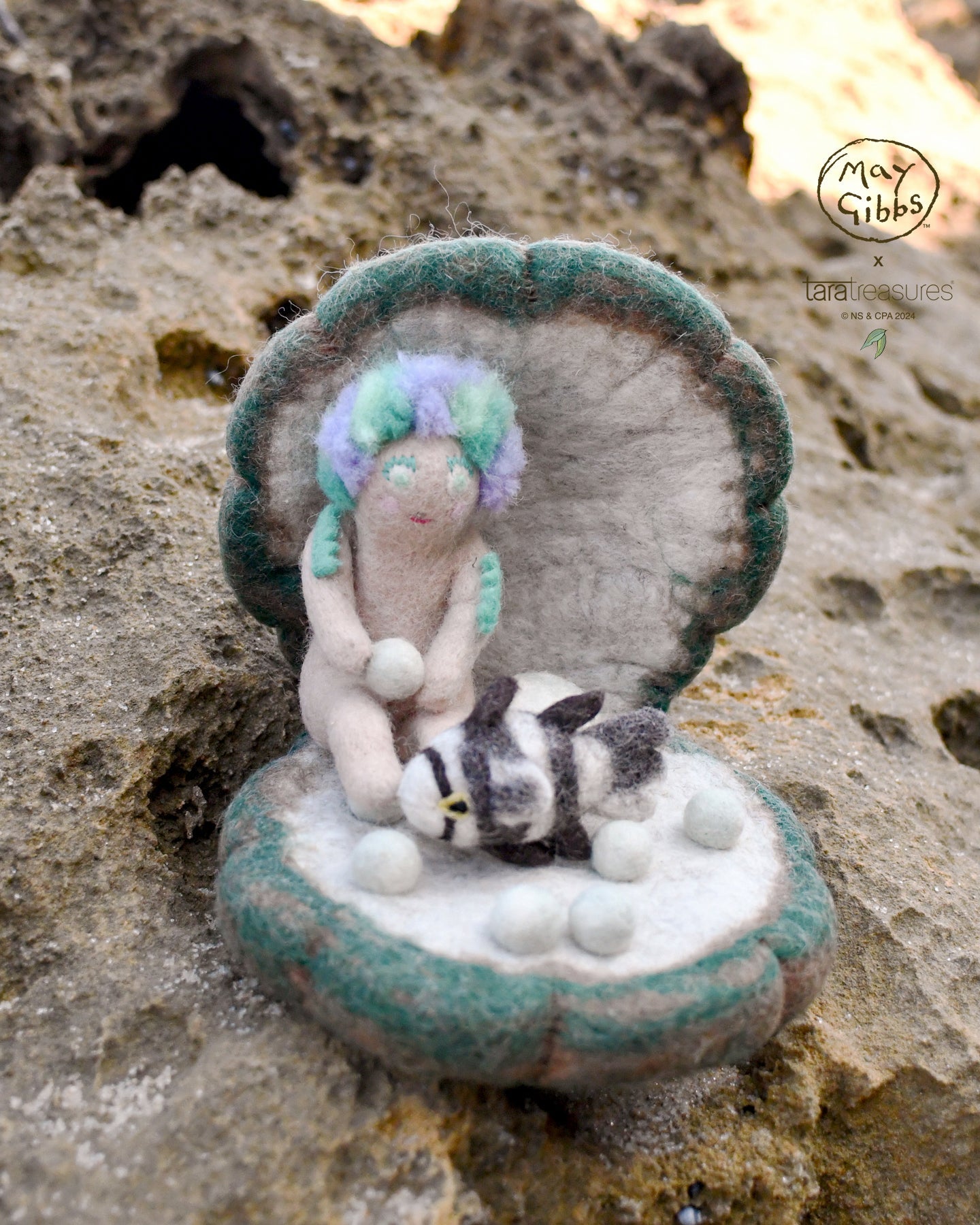 May Gibbs x Tara Treasures  - Little Obelia, Clam Shell and Fish Toy