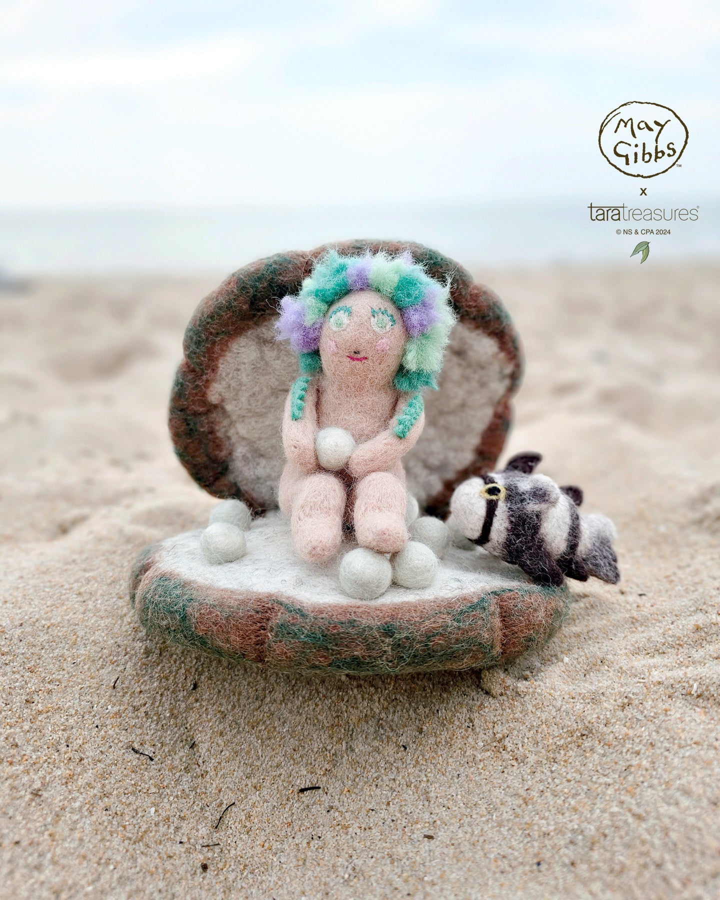 May Gibbs x Tara Treasures  - Little Obelia, Clam Shell and Fish Toy