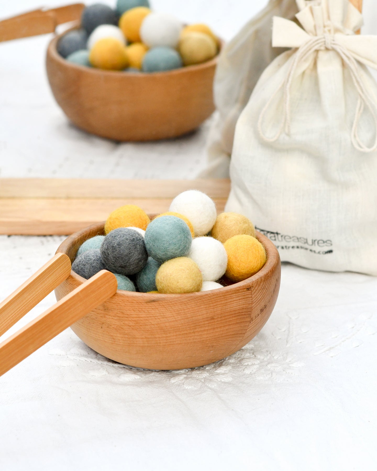 Wool Felt Balls in a Pouch - Yellow and Grey Tones 3cm 30 balls - Tara Treasures