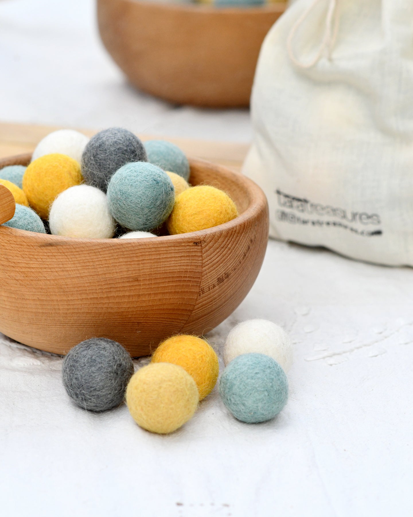 Wool Felt Balls in a Pouch - Yellow and Grey Tones 3cm 30 balls - Tara Treasures