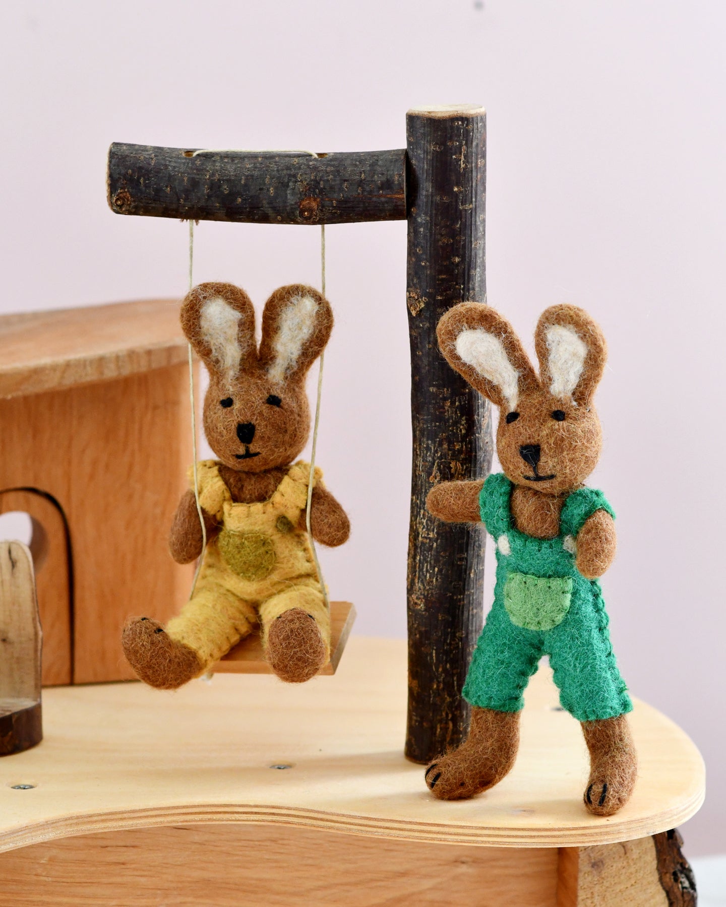 Felt Brown Hare Rabbit with Mustard Yellow Overalls Toy