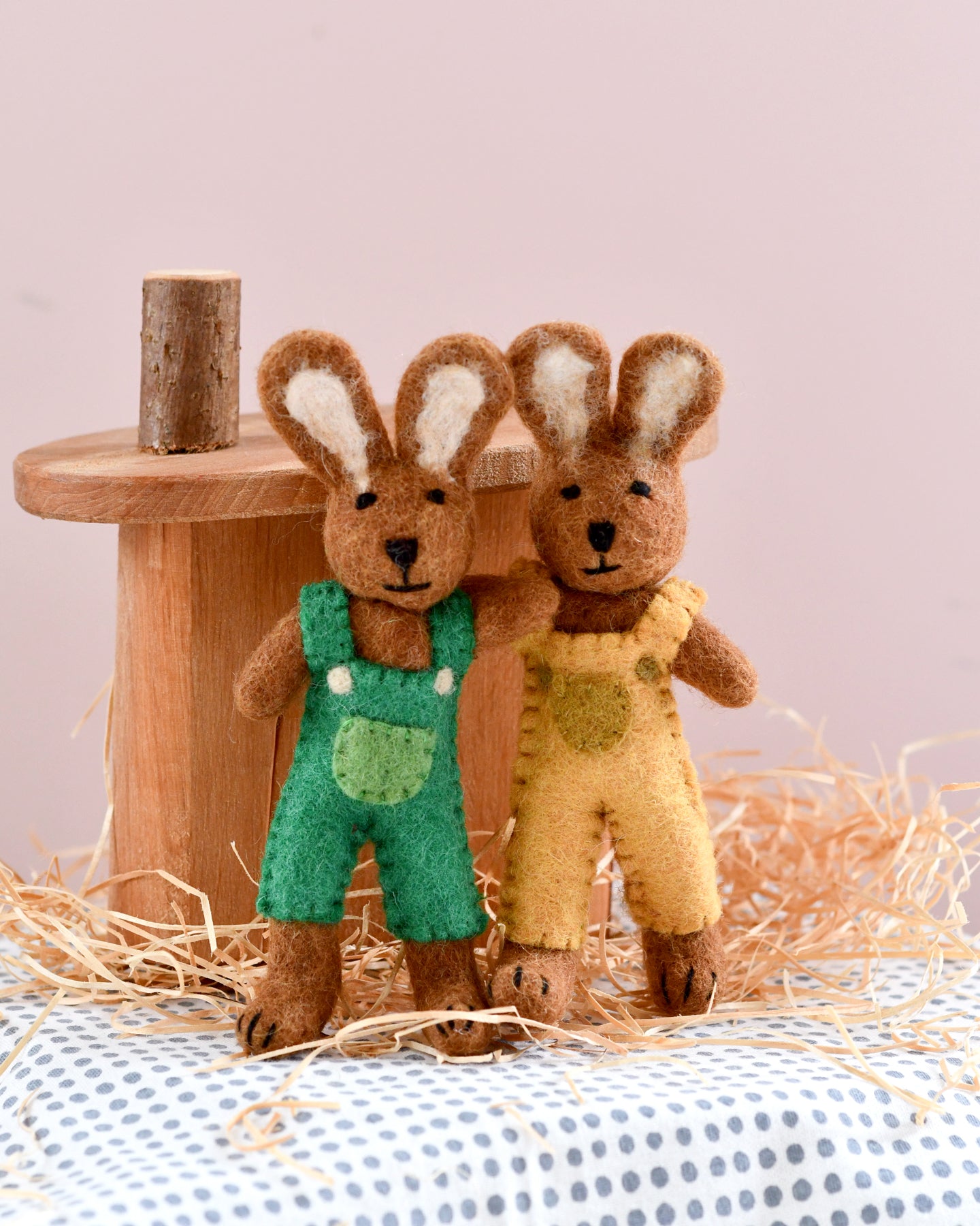 Felt Brown Hare Rabbit with Mustard Yellow Overalls Toy