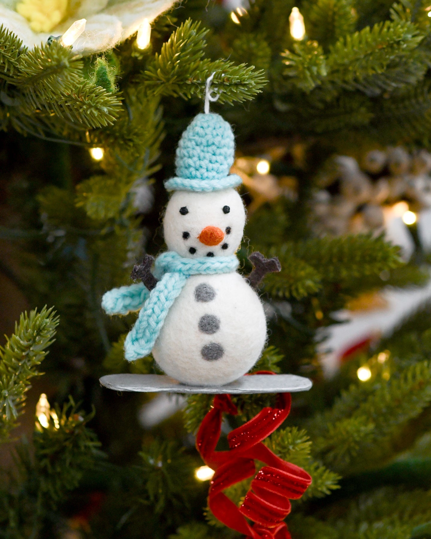 Felt Snowman on Snowboard Ornament