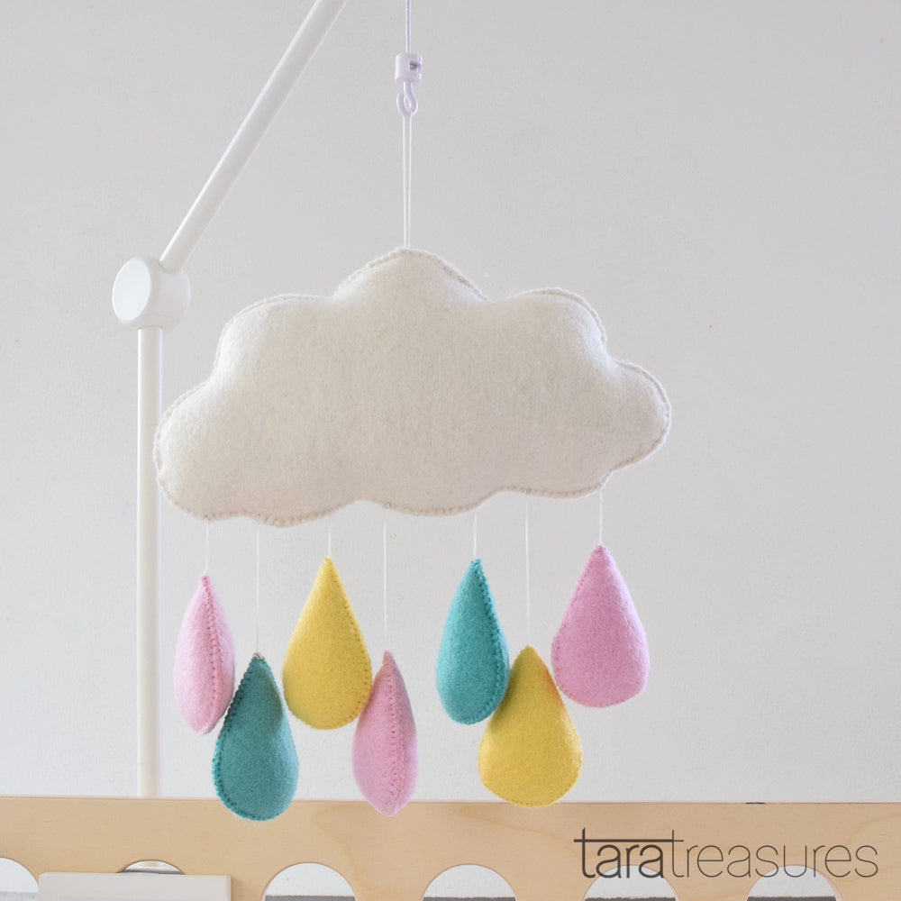 Cloud Nursery Mobile - Pink, Blue and Yellow Raindrops - Tara Treasures