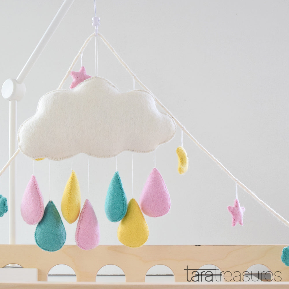 Cloud Nursery Mobile - Pink, Blue and Yellow Raindrops - Tara Treasures