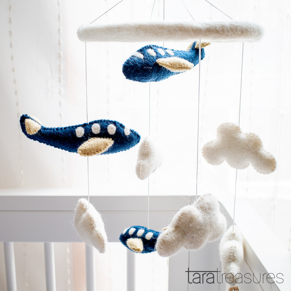 Nursery Cot Mobile - Navy Blue Airplanes - Tara Treasures