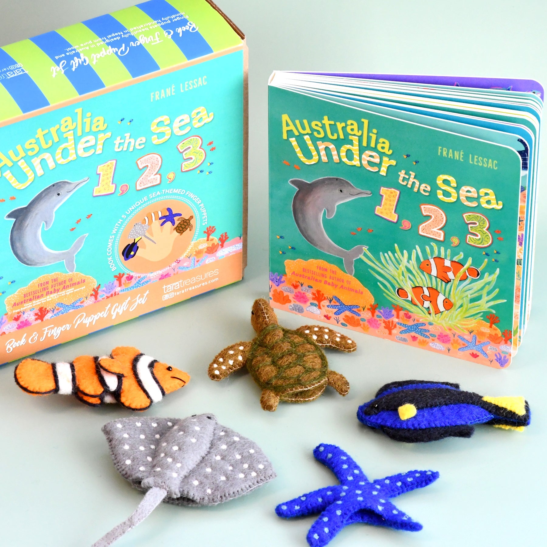 Australia Under the Sea 1, 2, 3 by Frané Lessac - Book and Finger Puppet Set - Tara Treasures