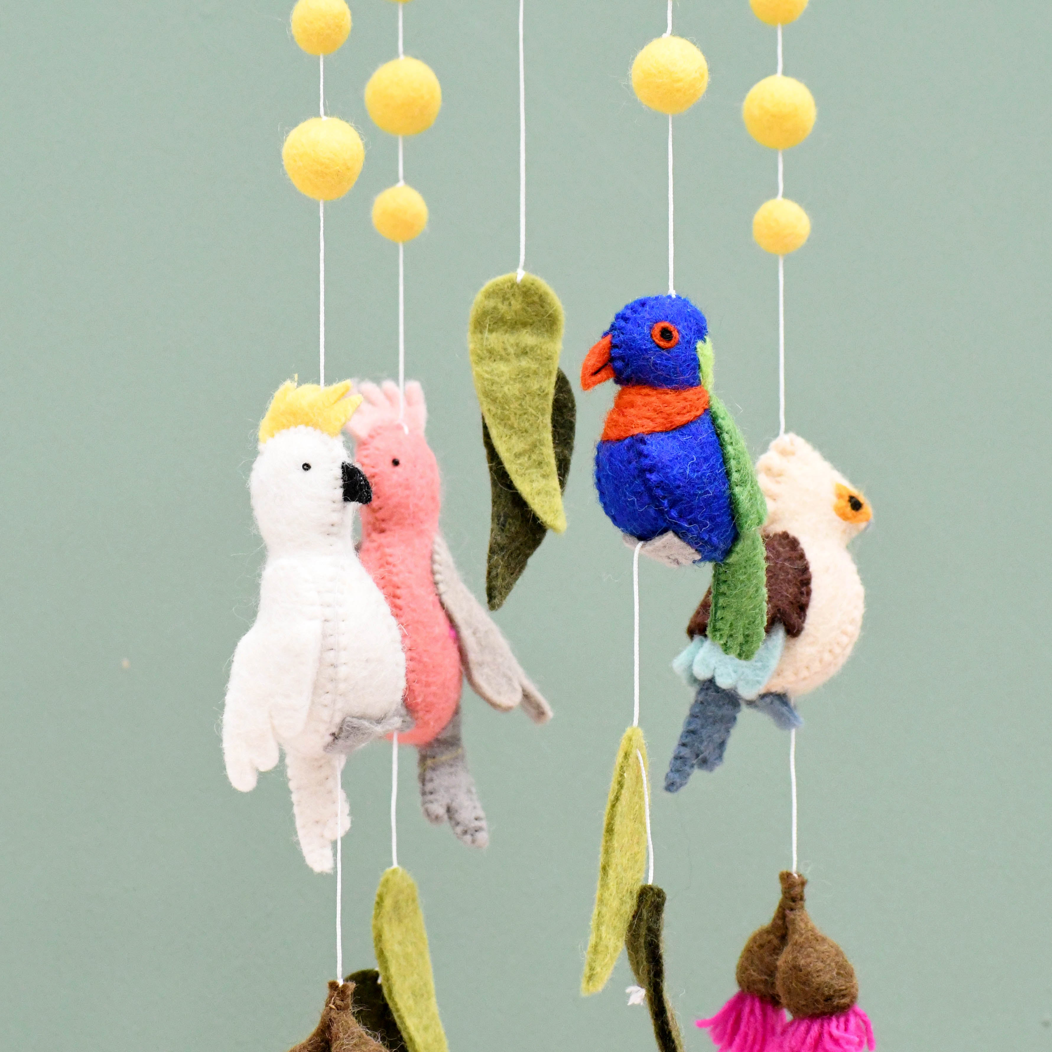 Baby Mobile - Australian Birds - Cockatoo, Lorikeet, Galah and Kookaburra - Tara Treasures