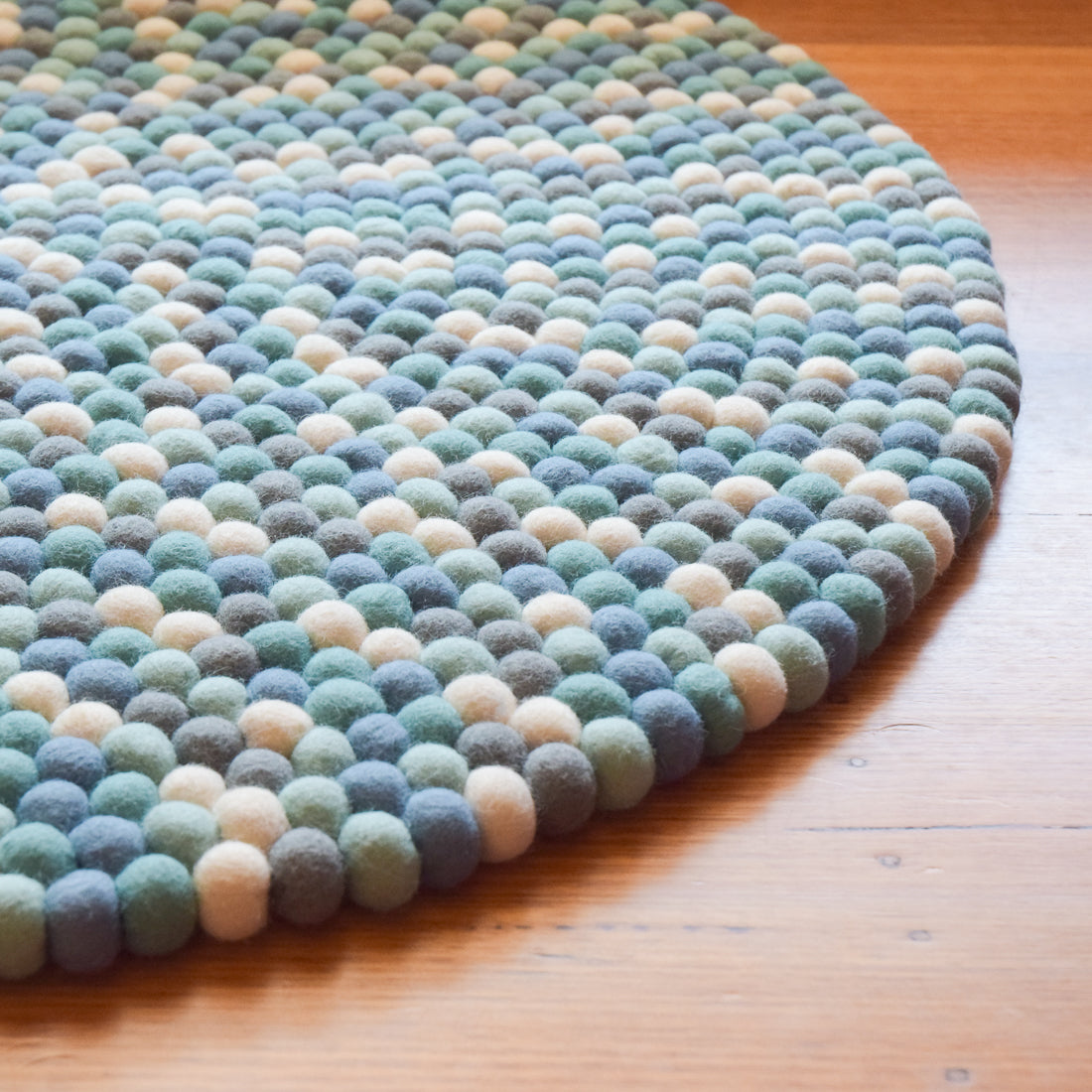 Felt Ball Rug - Blue, White and Grey 100cm - Tara Treasures