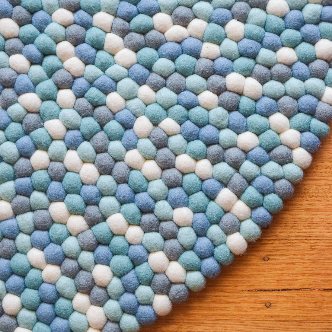 Felt Ball Rug - Blue, White and Grey 100cm - Tara Treasures