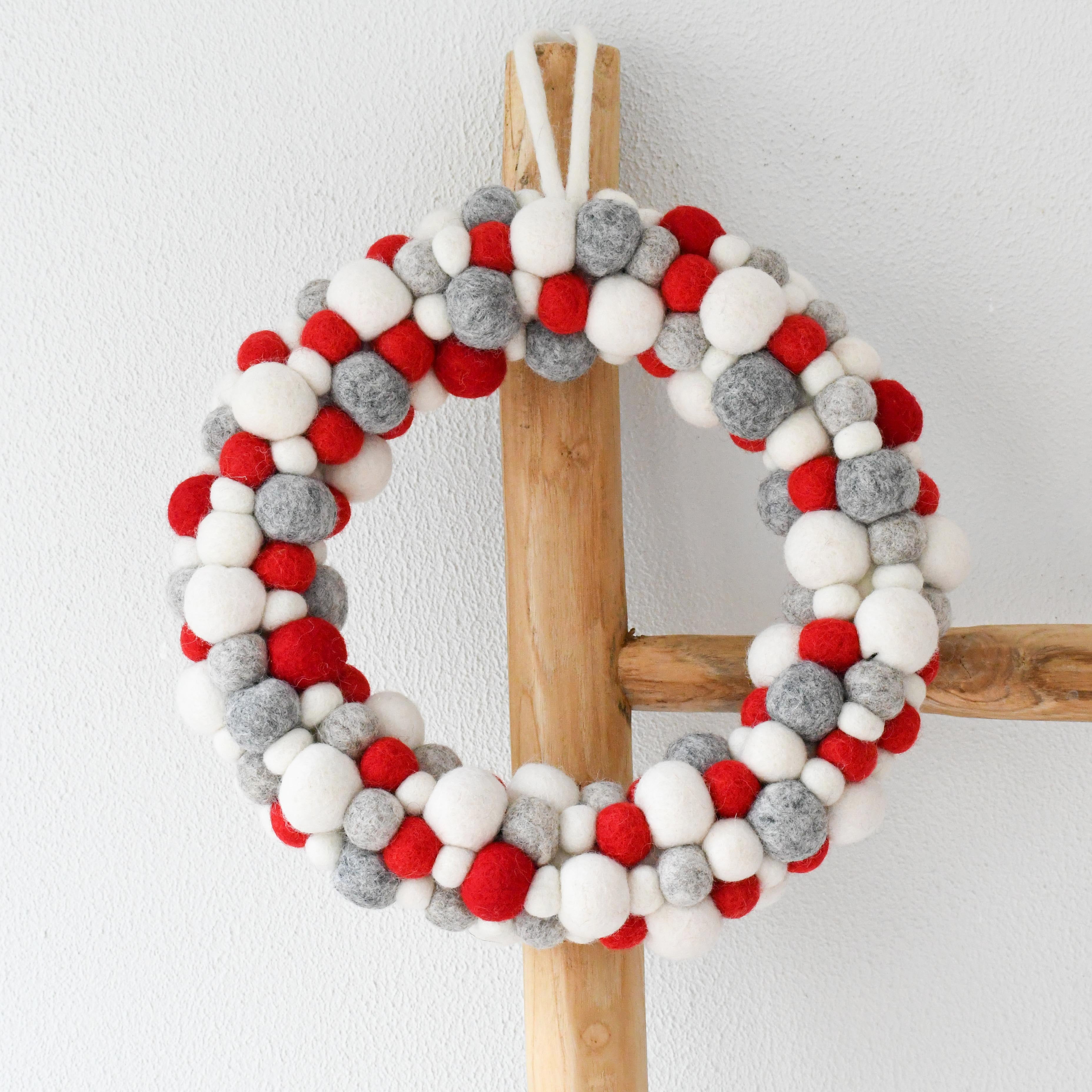 Felt Ball Wreath - Grey, White and Red - Tara Treasures