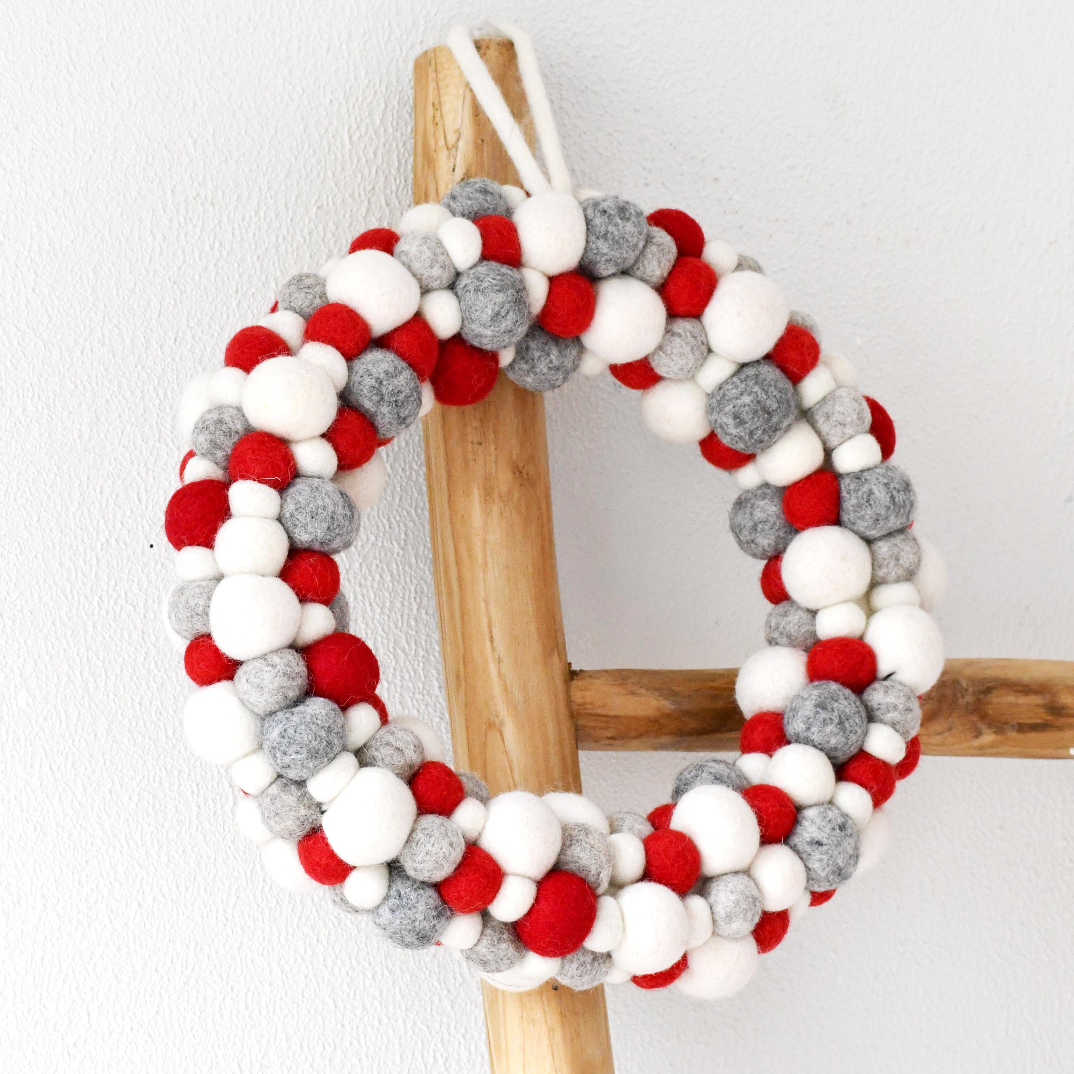 Felt Ball Wreath - Grey, White and Red - Tara Treasures