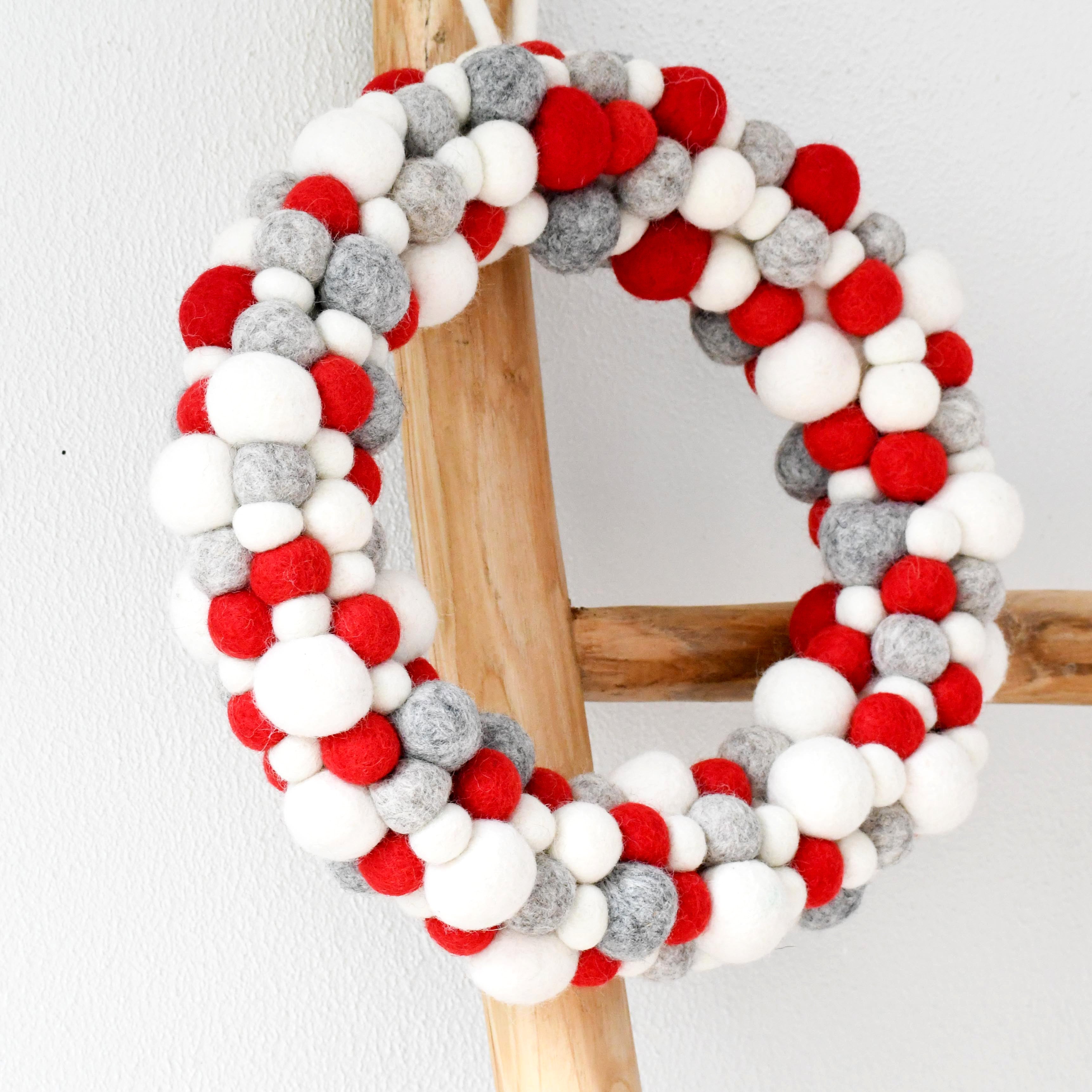 Felt Ball Wreath - Grey, White and Red - Tara Treasures