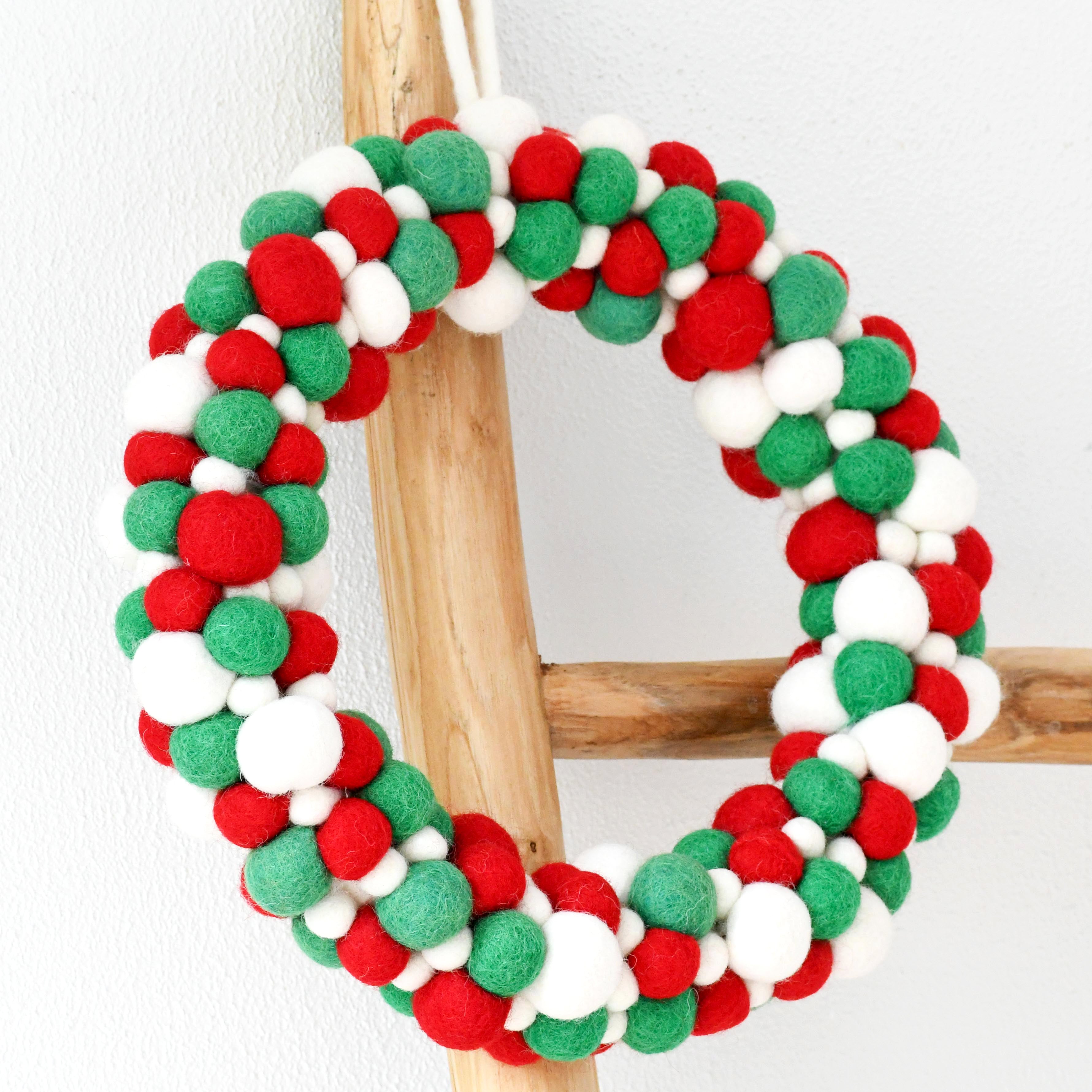 Felt Ball Wreath - Green, White and Red - Tara Treasures