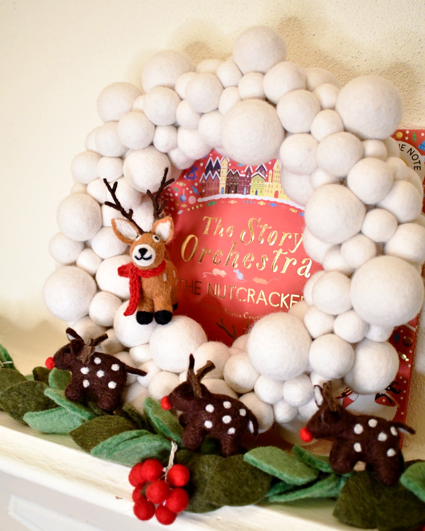 Felt Ball Wreath - White - Tara Treasures