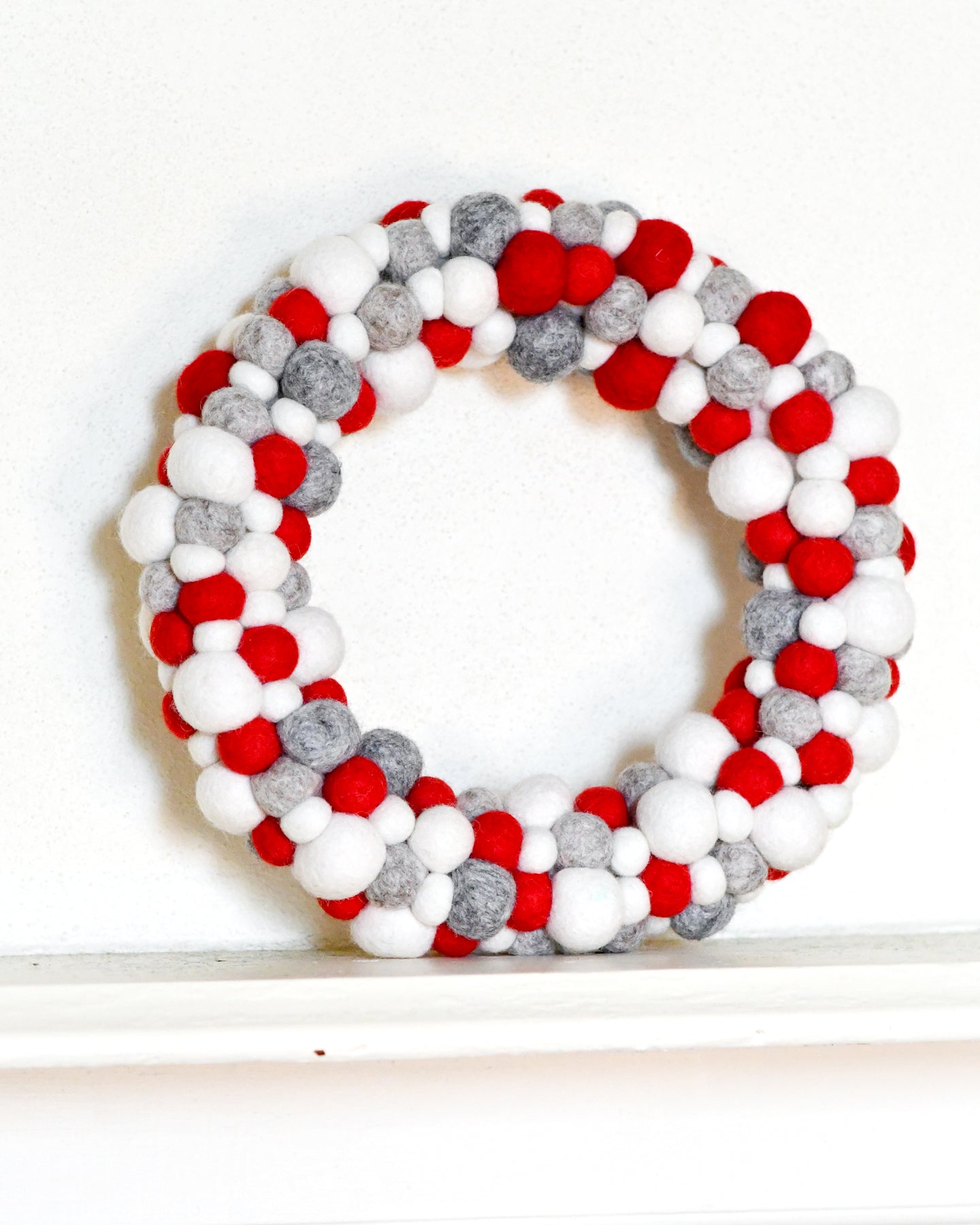 Felt Ball Wreath - Grey, White and Red - Tara Treasures